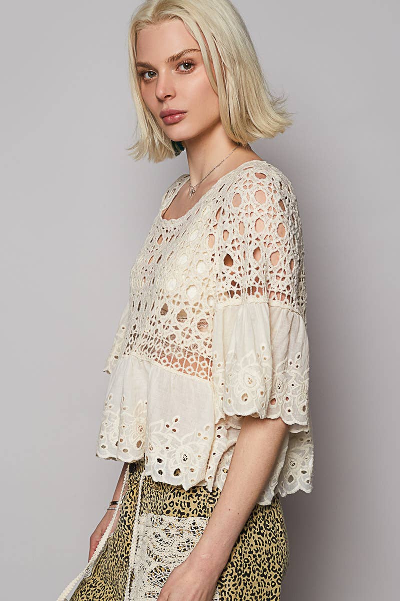 Floral Eyelet Cropped Blouse
