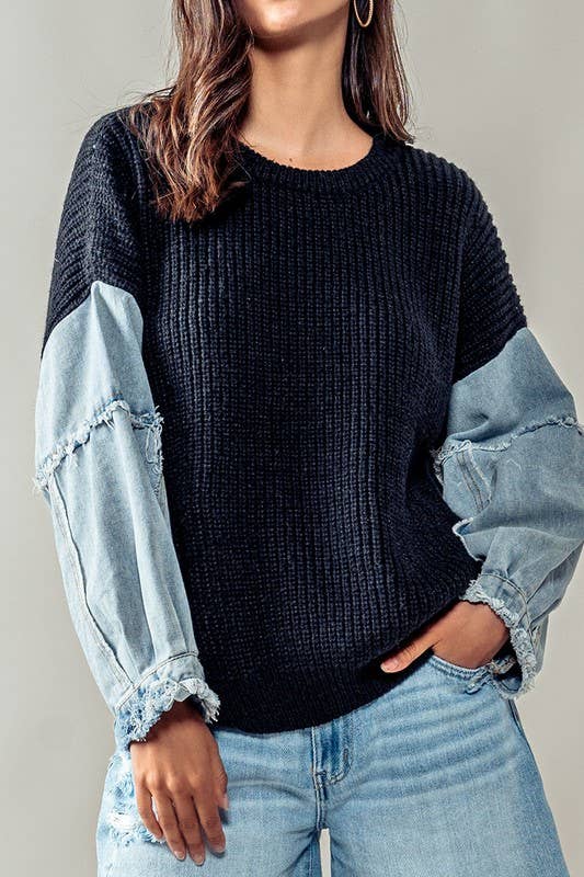 Denim Sleeve Knit Sweater