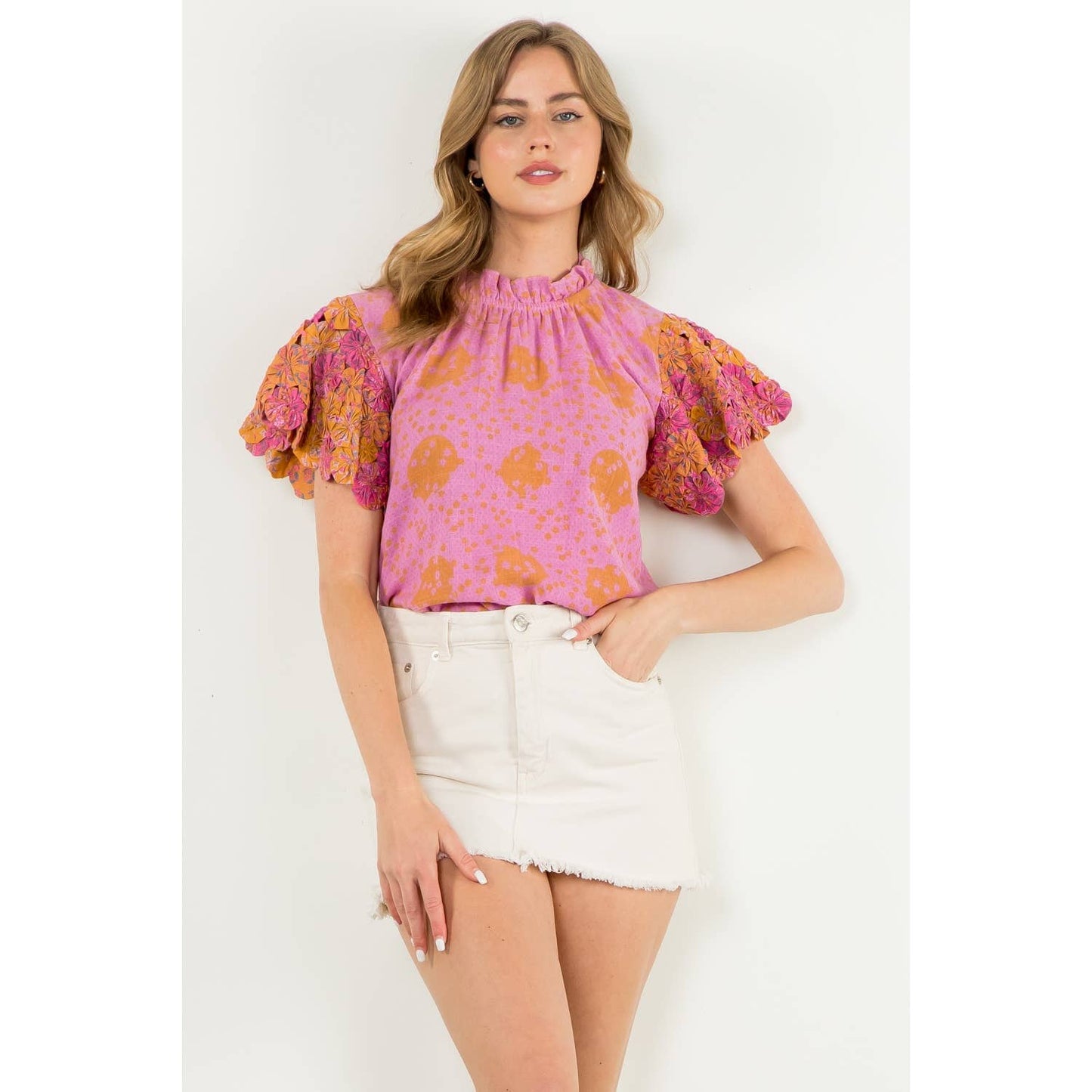 Handmade Flower Embellished Sleeve Top