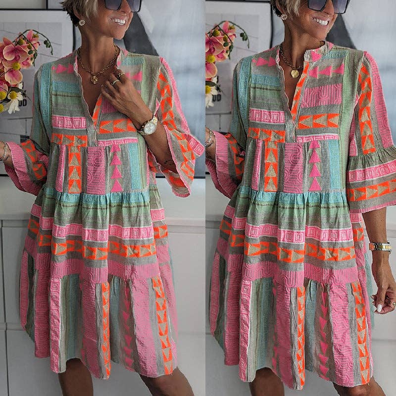 Printed V-neck Mini Dress