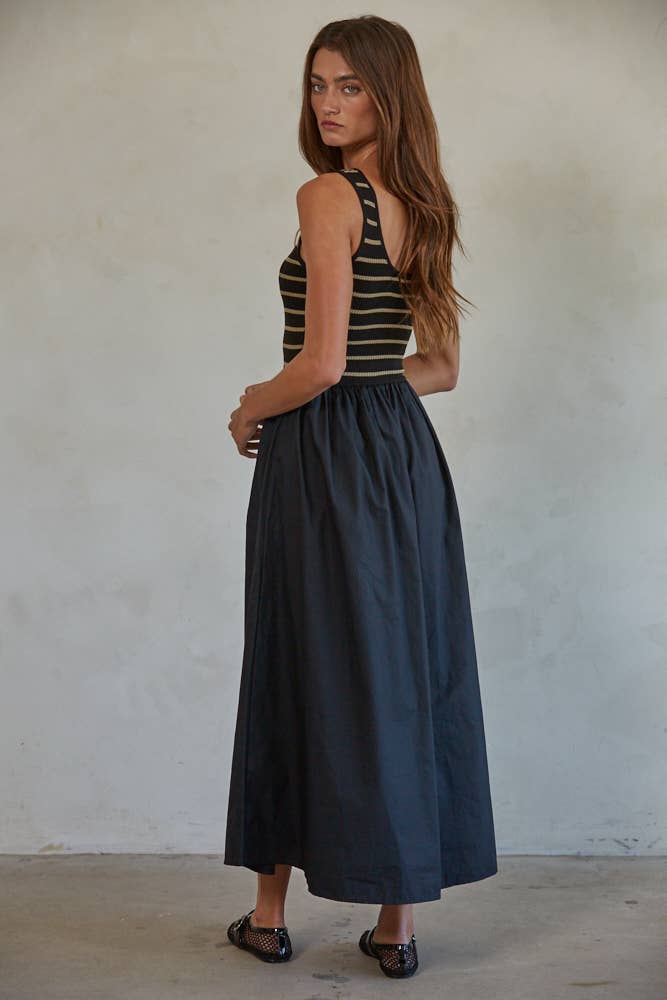 Knit Striped Ribbed Bodice Flare Dress