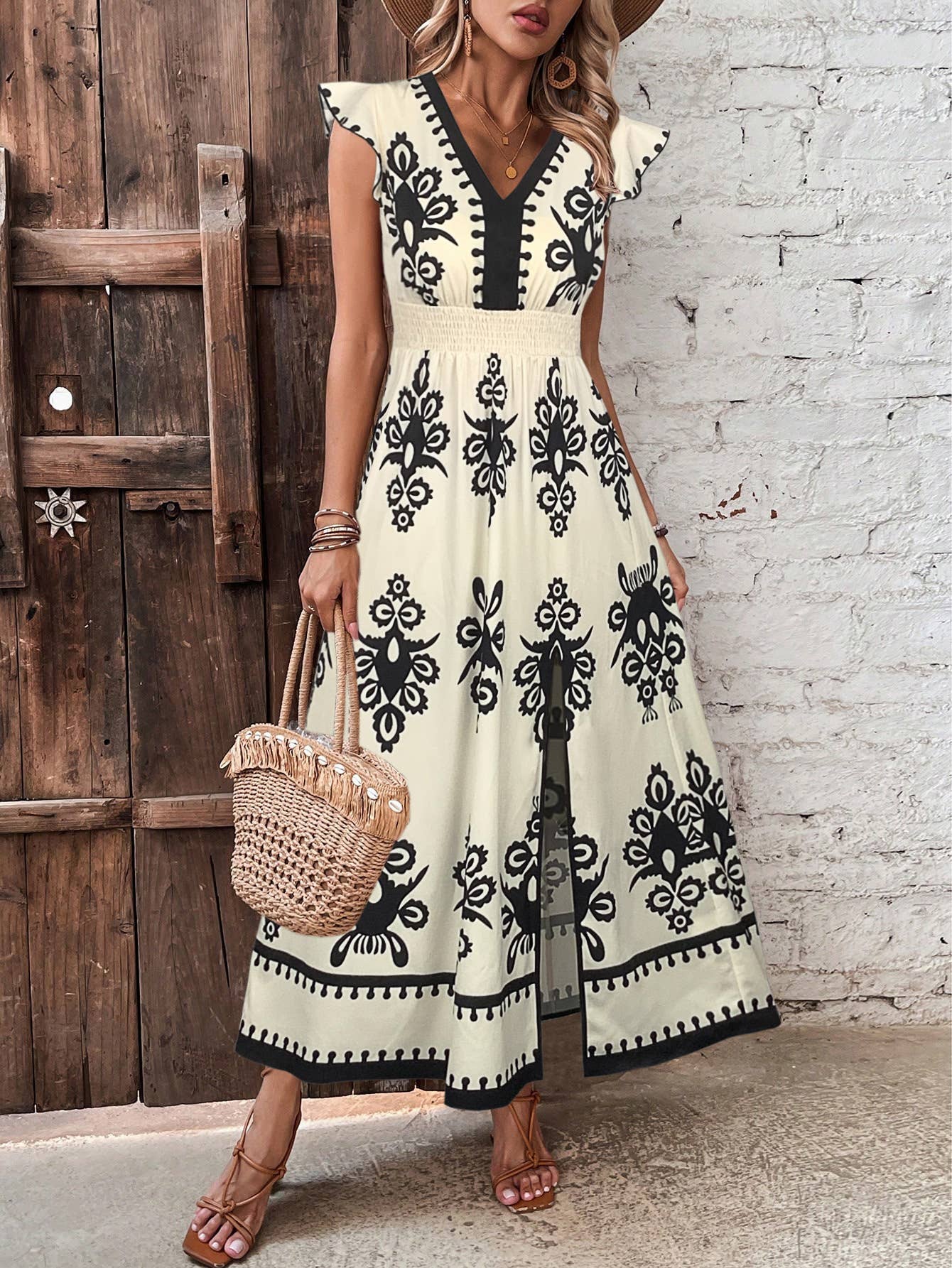 Floral Motif Ruffled Sleeve Slit Dress