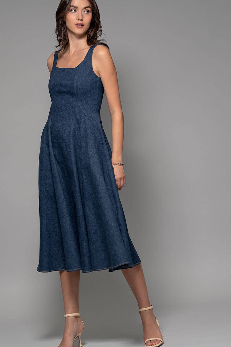 Square Neck Denim A-Line Midi Dress