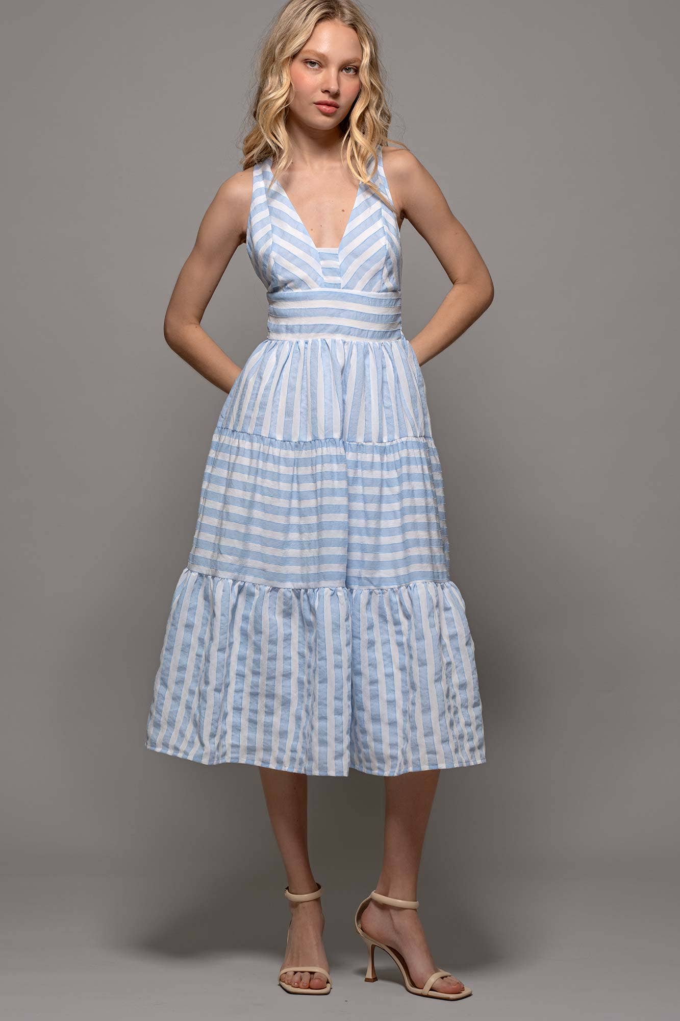 Textured Stripe Cross-Back Tiered Dress