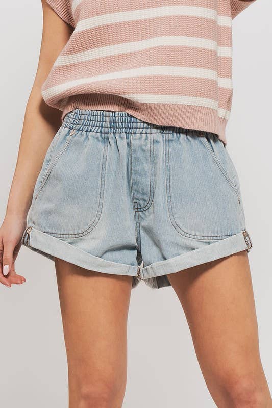 Spring Elastic Waist Cuffed Print Shorts