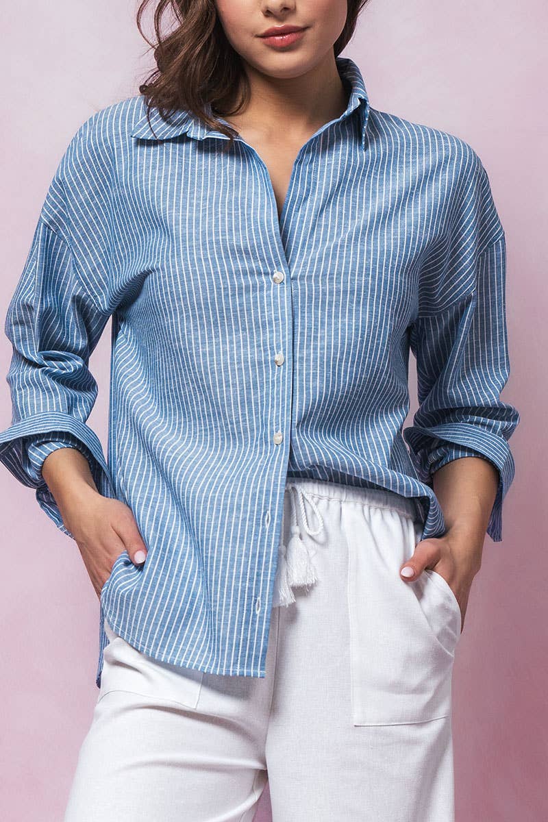 Pinstripe Cotton Blend Button Down Shirt