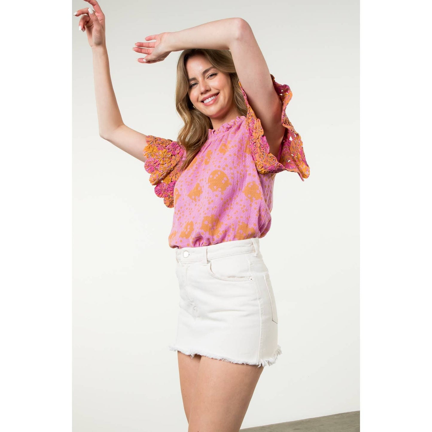 Handmade Flower Embellished Sleeve Top