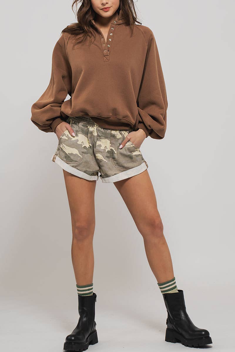 Spring Elastic Waist Cuffed Print Shorts