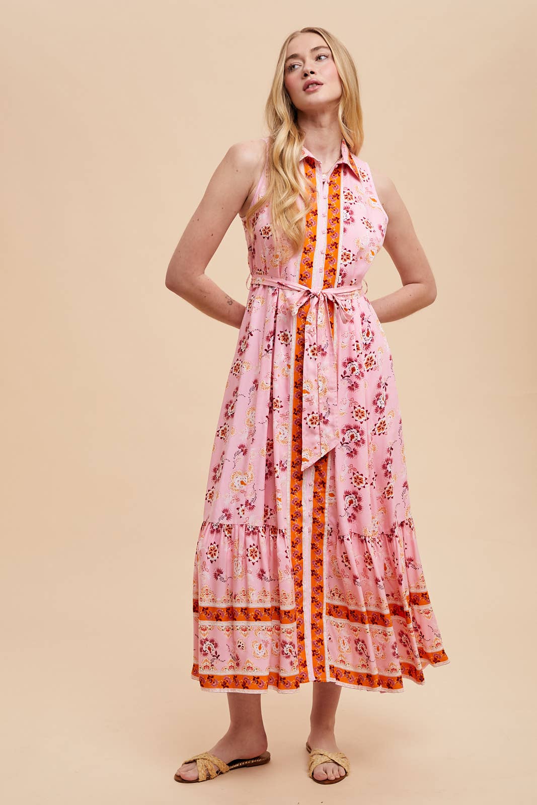 Printed Lapel Button Down Maxi Dress