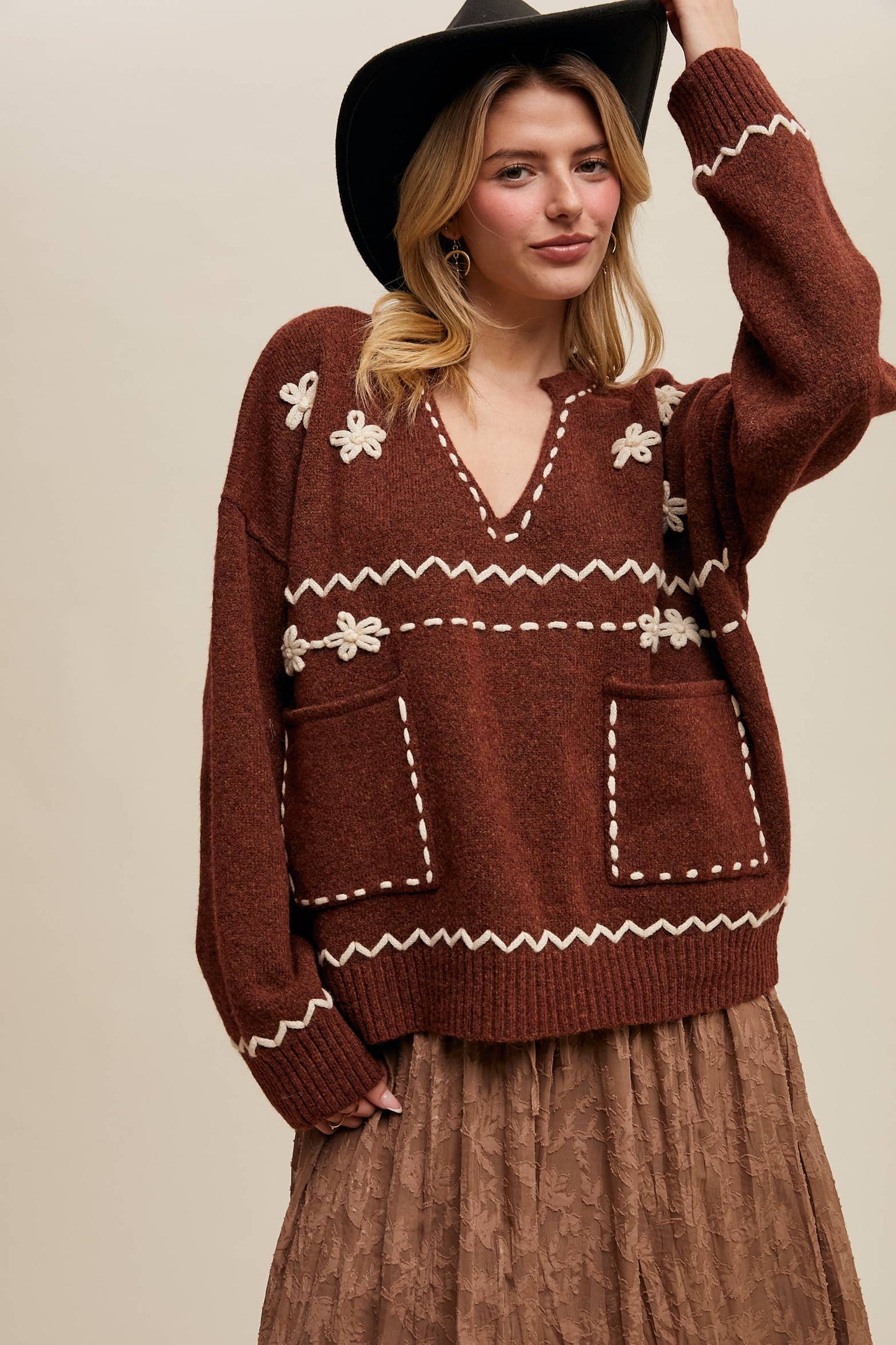 Floral Embroidered Knit Sweater