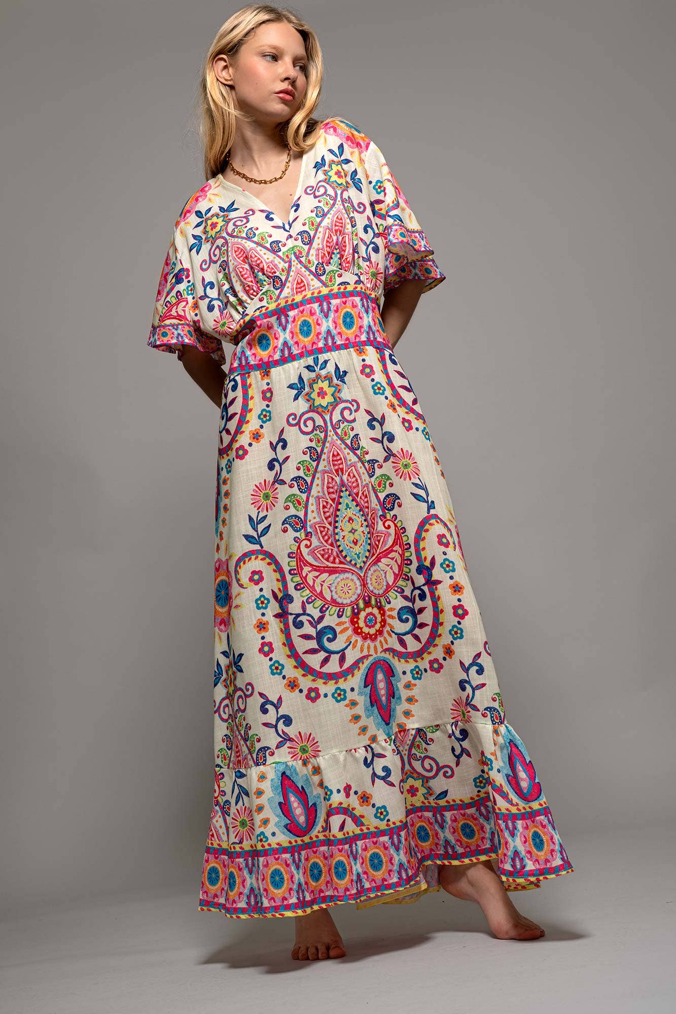 Oversized Paisley Flutter Sleeve Smocked Dress
