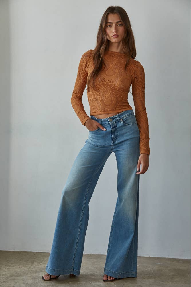 Seamless Jacquard Mock Neck Long Sleeve Top