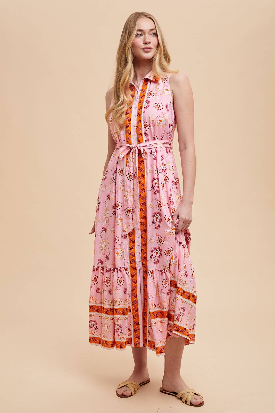 Printed Lapel Button Down Maxi Dress