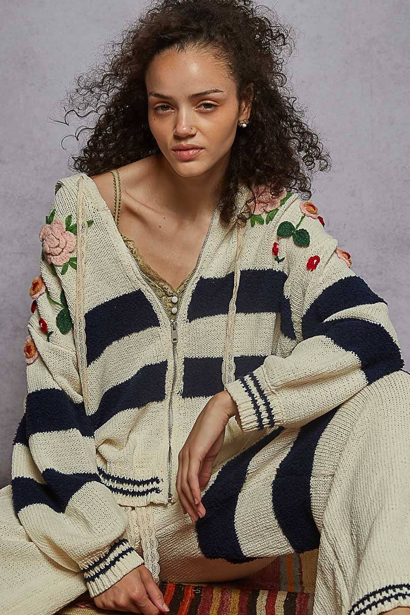 Thick Striped & Floral Zip-Up