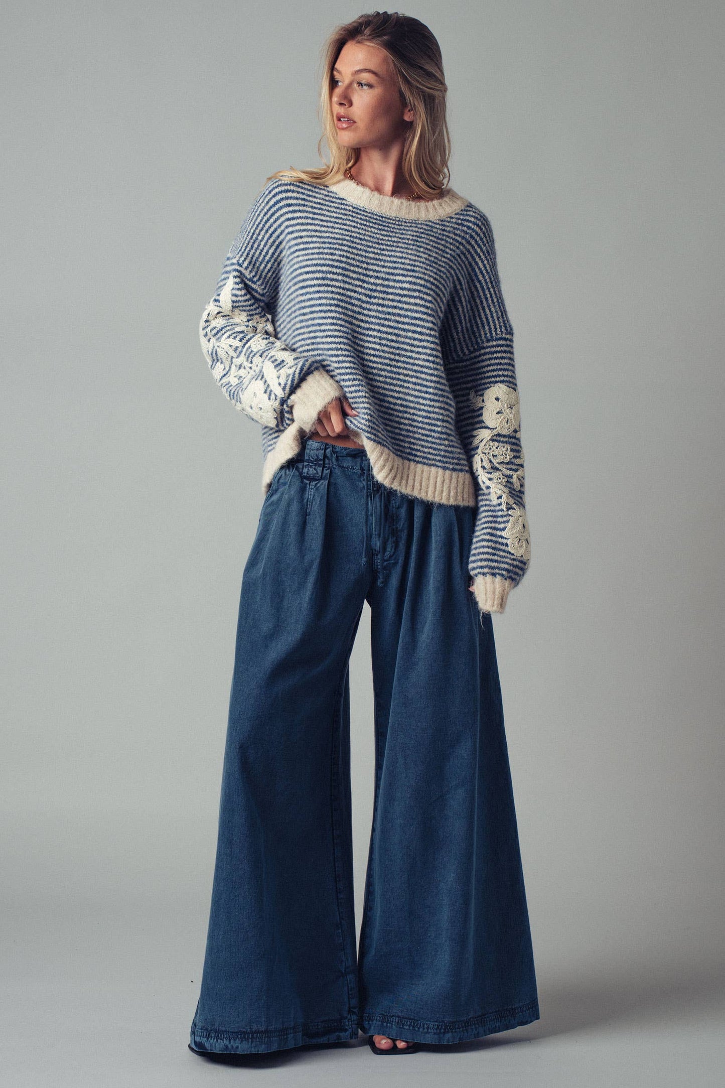 Floral Embroidered Striped Knit Sweater