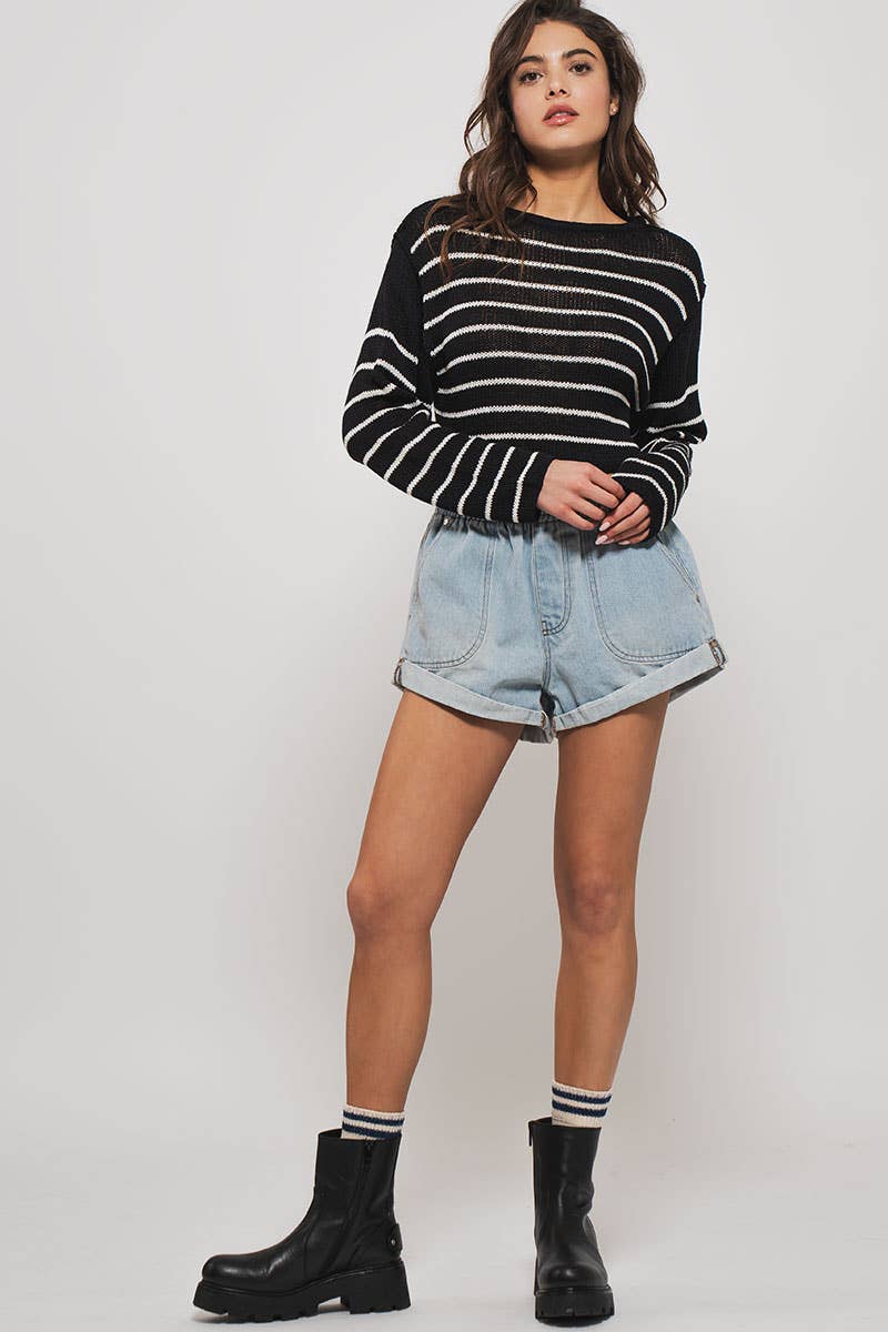 Spring Elastic Waist Cuffed Print Shorts