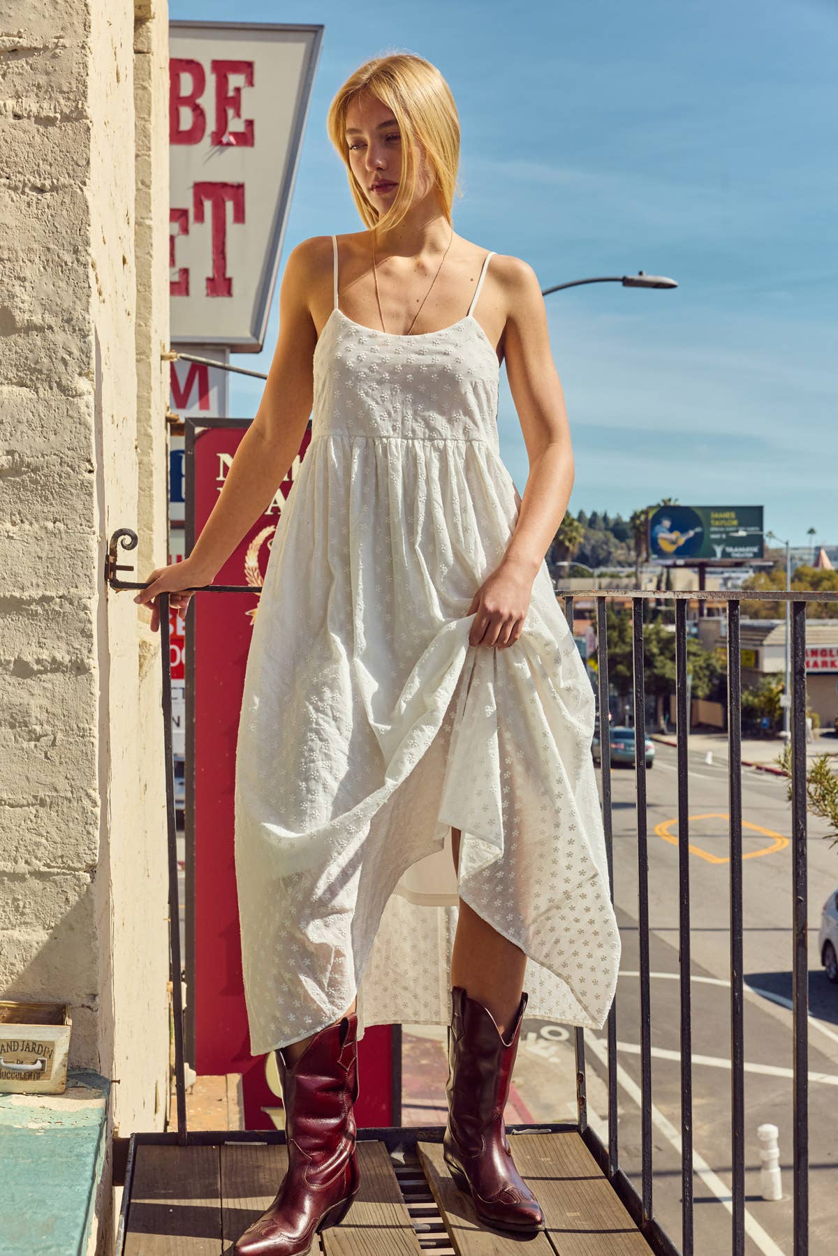 Embroidered Cotton Tie Back Midi Dress