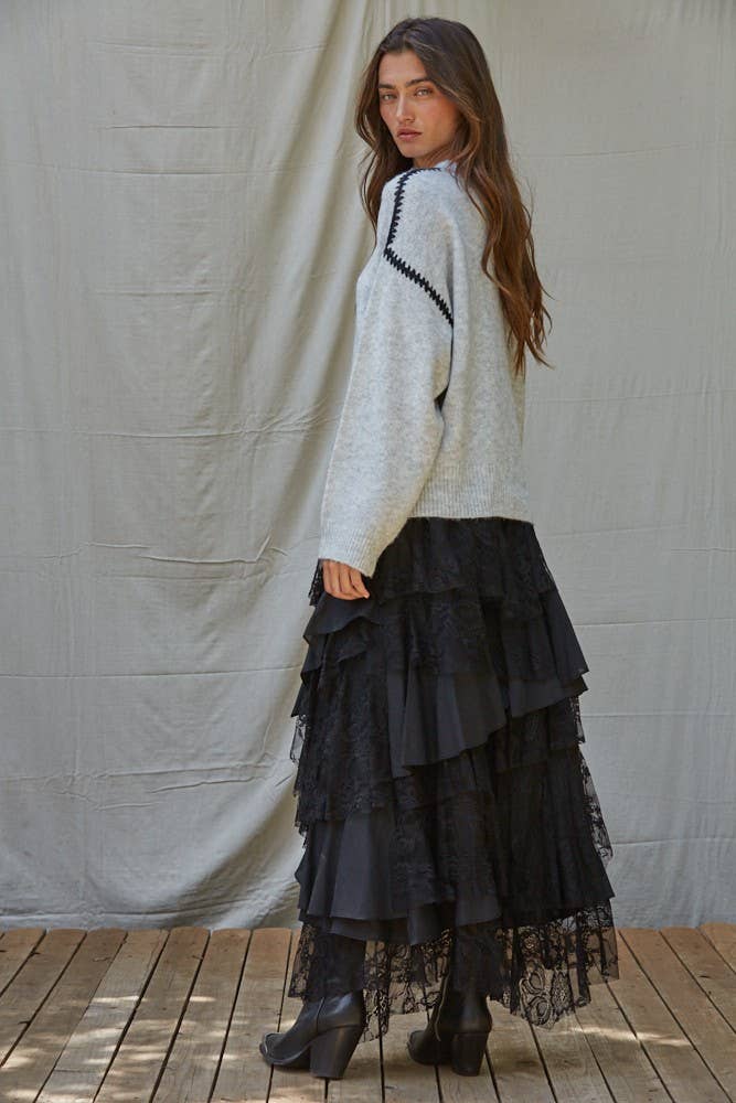W2283 | Knit Sweater Stitch Detailed Crew Neck Pullover