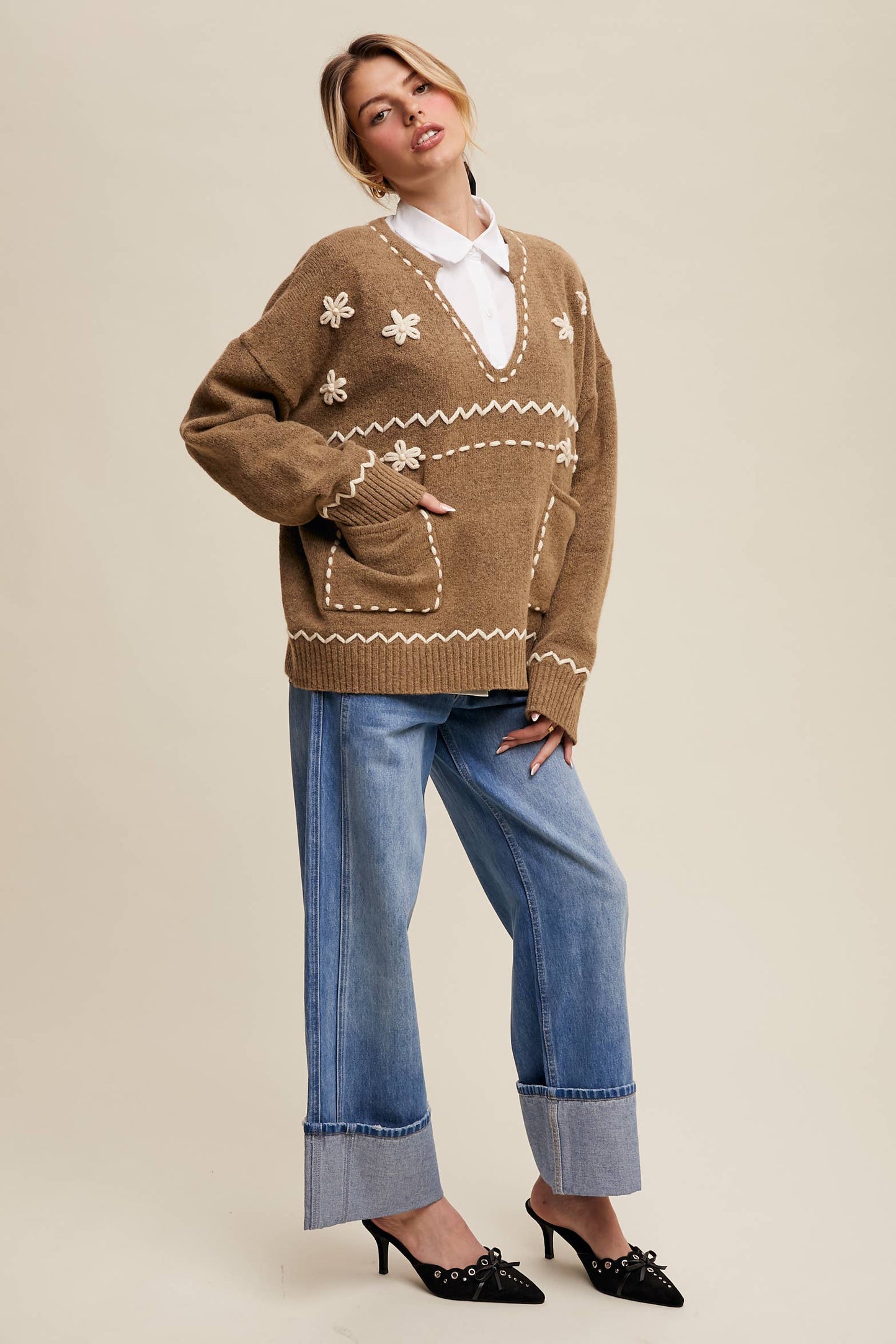 Floral Embroidered Knit Sweater