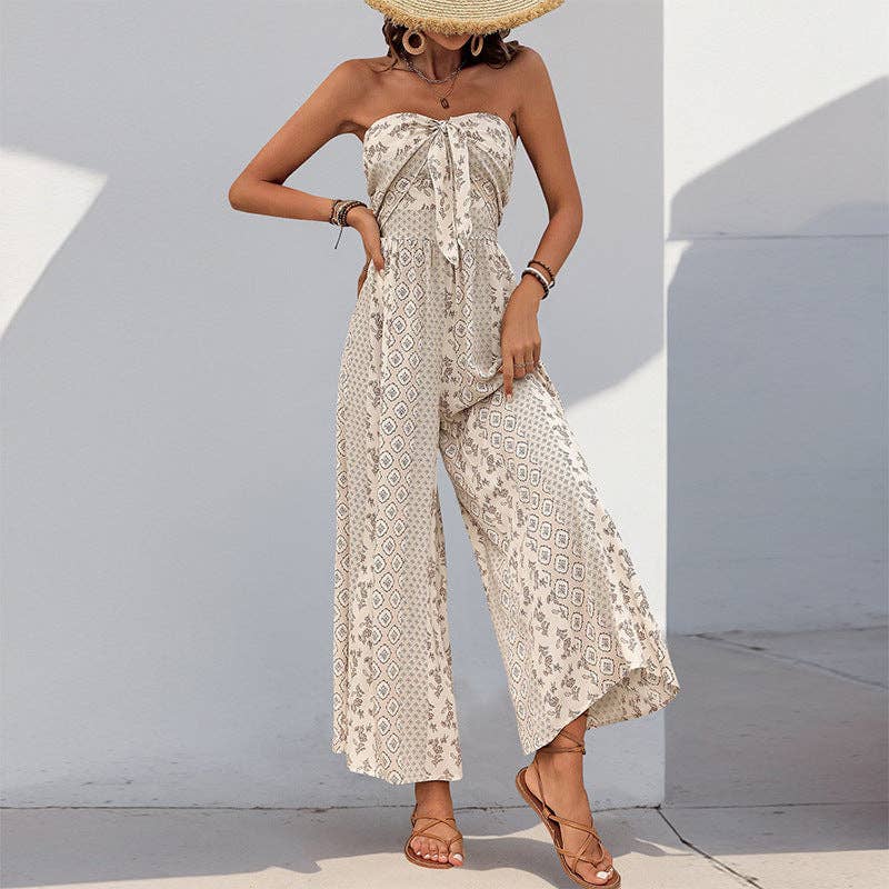 Smocked Tube Top Flare Trousers Jumpsuit