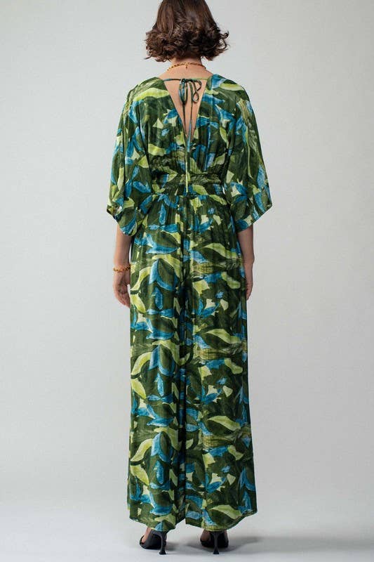 Leaf Print Kimono Sleeve Belted Maxi Jumpsuit