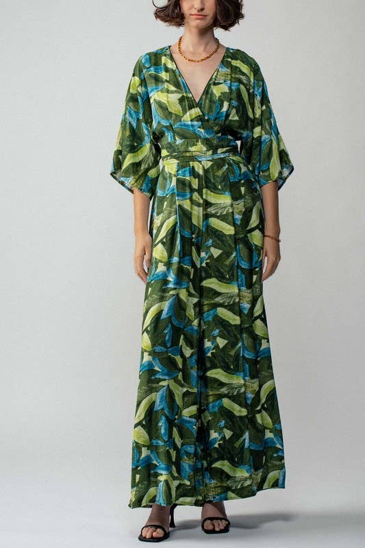 Leaf Print Kimono Sleeve Belted Maxi Jumpsuit