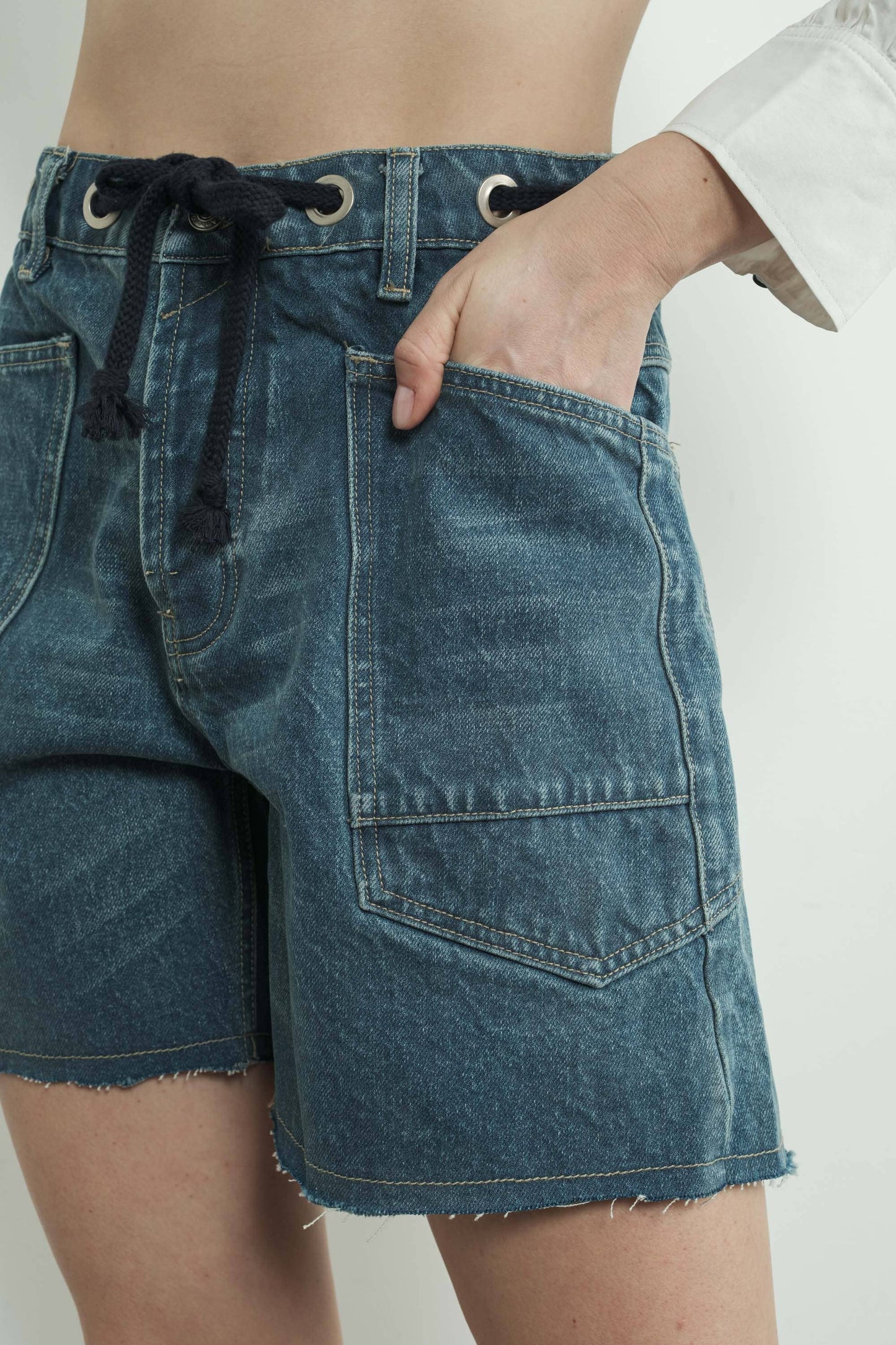 Vintage Washed Denim Shorts w/ Grommet Waist