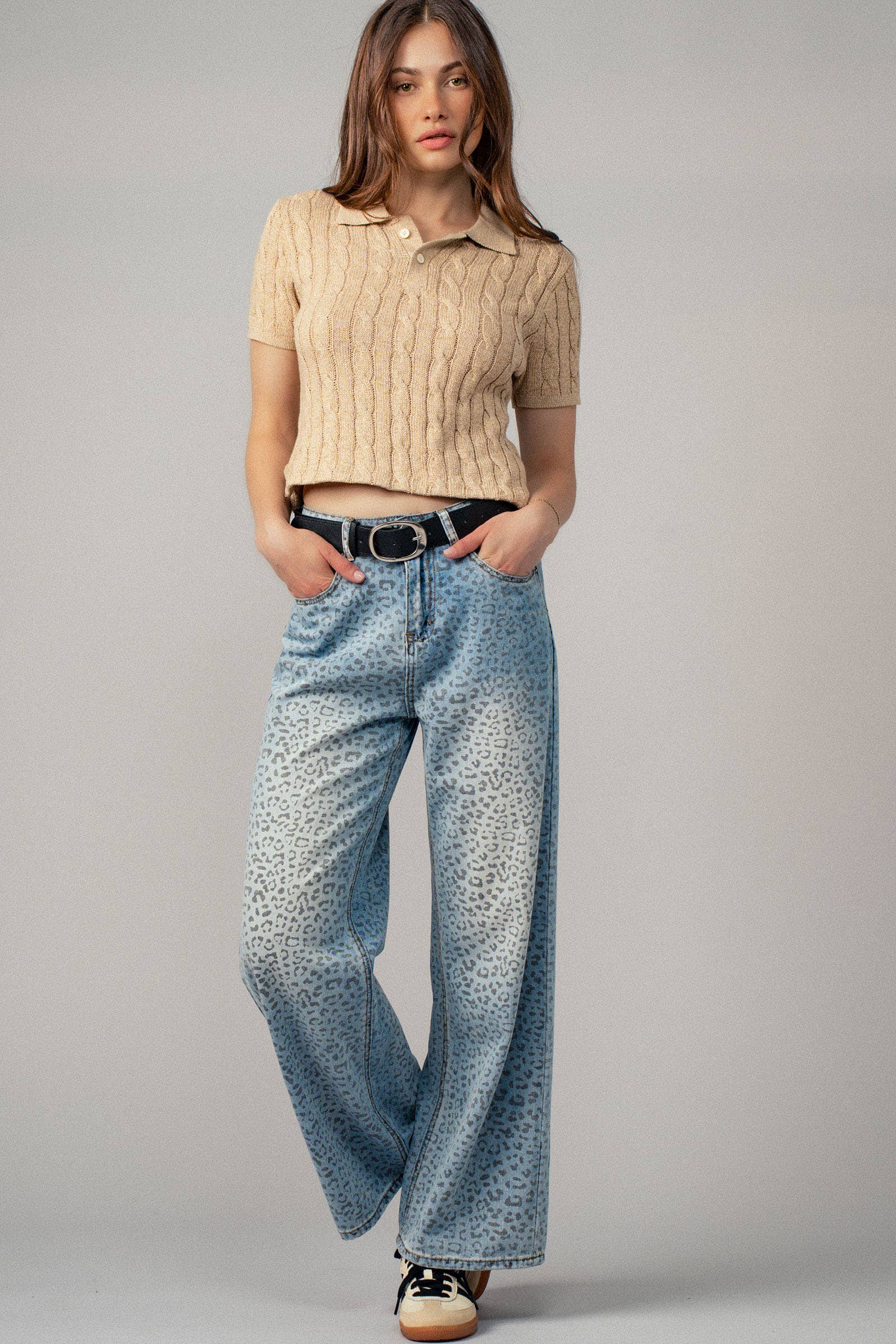 Leopard Print Wide-Leg Denim Pants
