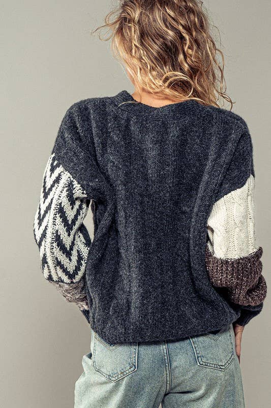 Patchwork Cable Knit V Neck Cardigan