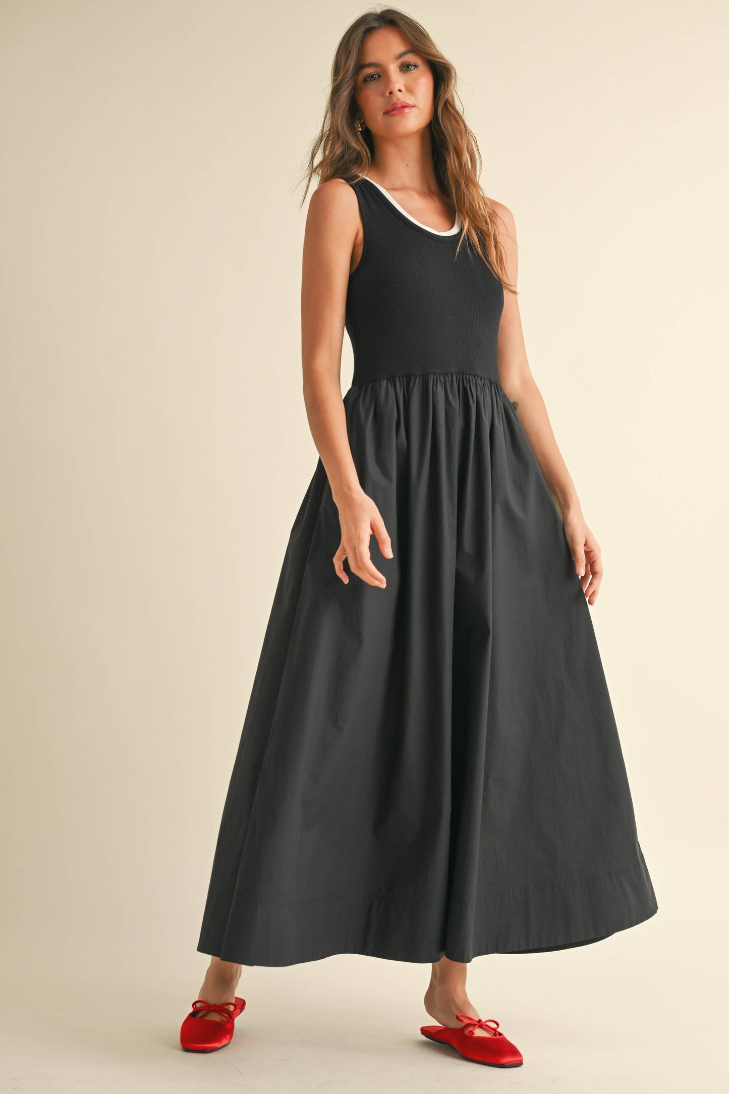 Ribbed Top Woven Skirt Dress