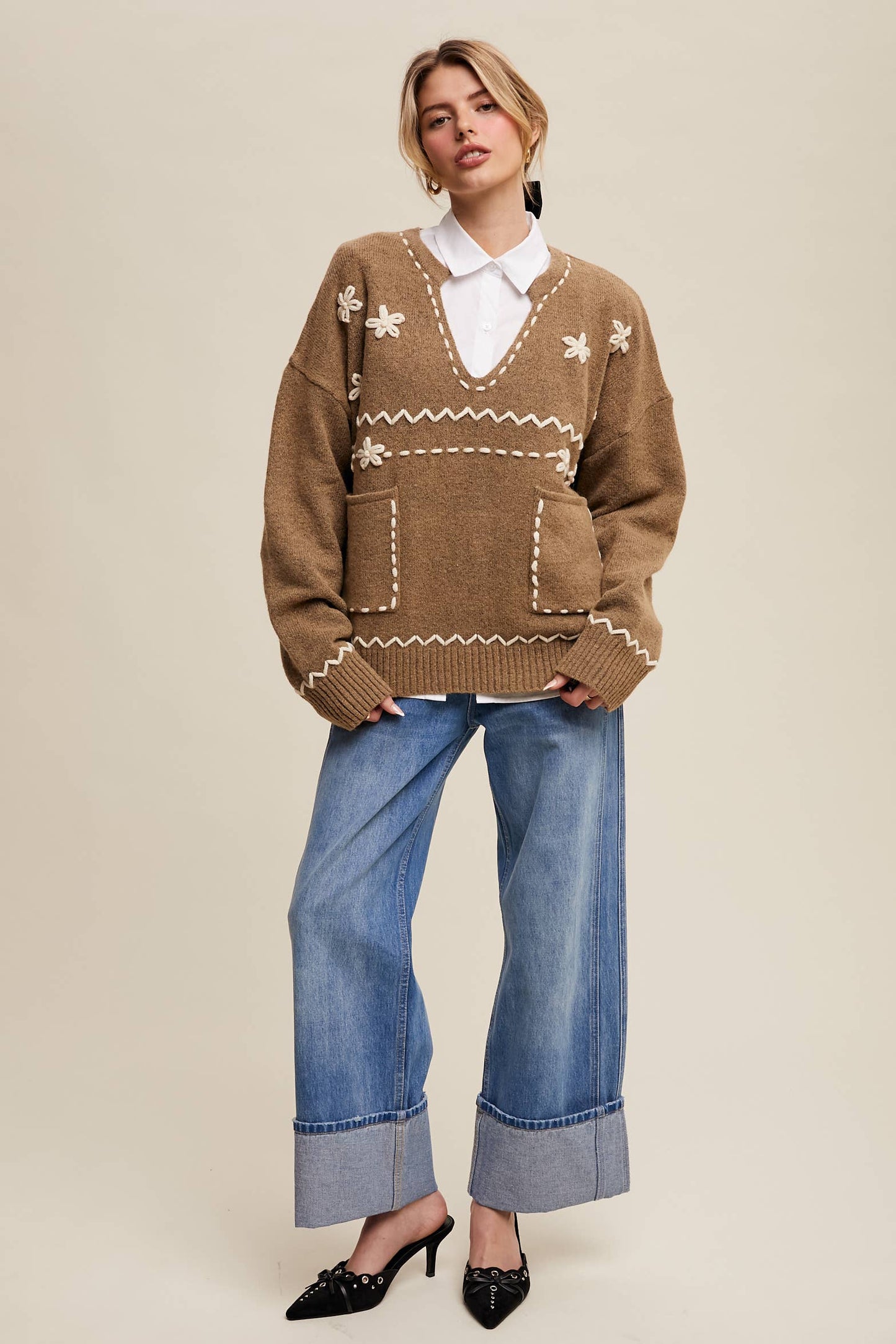 Floral Embroidered Knit Sweater