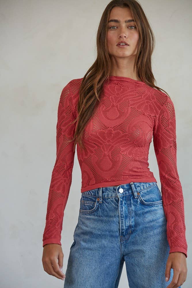 Seamless Jacquard Mock Neck Long Sleeve Top