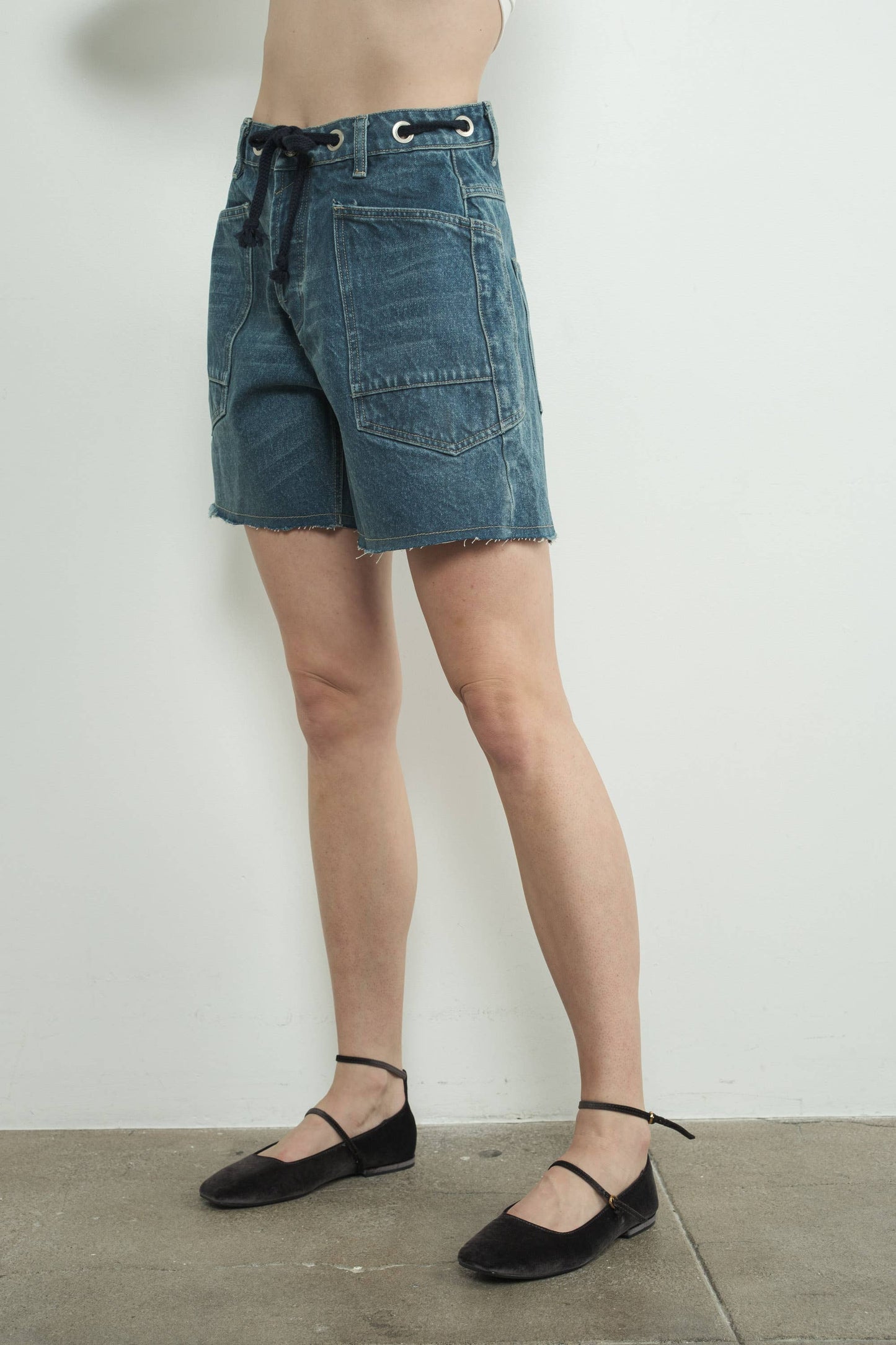 Vintage Washed Denim Shorts w/ Grommet Waist