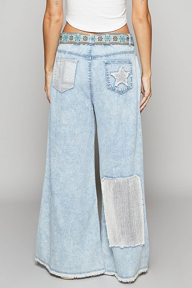 Vintage Washed Crochet Star Patch Jeans