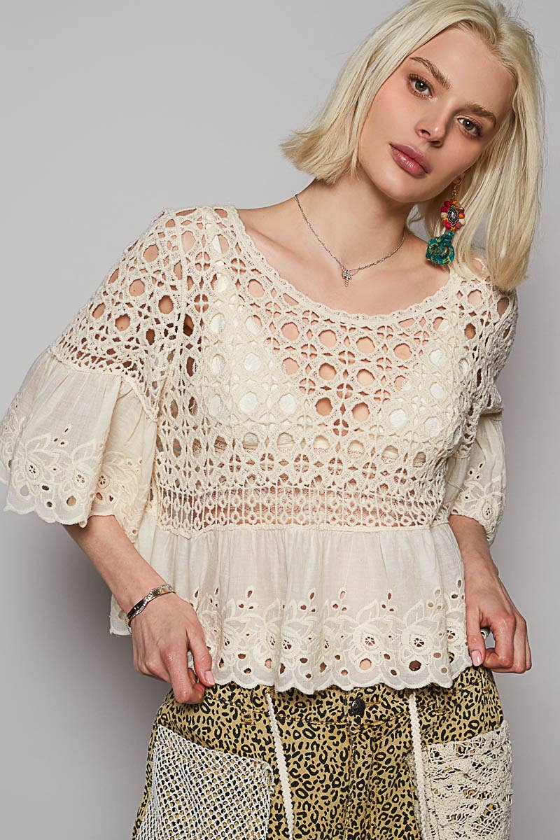 Floral Eyelet Cropped Blouse