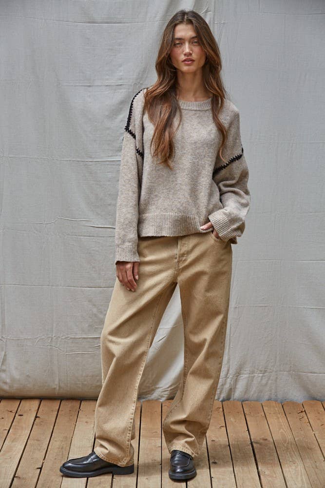 W2283 | Knit Sweater Stitch Detailed Crew Neck Pullover