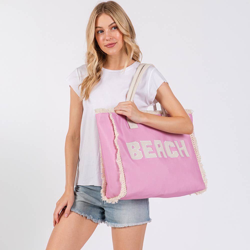 "Beach" Embroidered Fringe Tote Bag