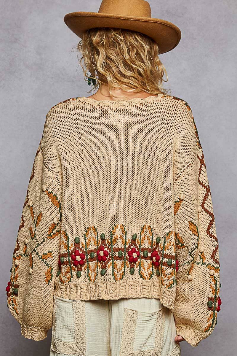Aztec Pattern Floral Detail Sweater