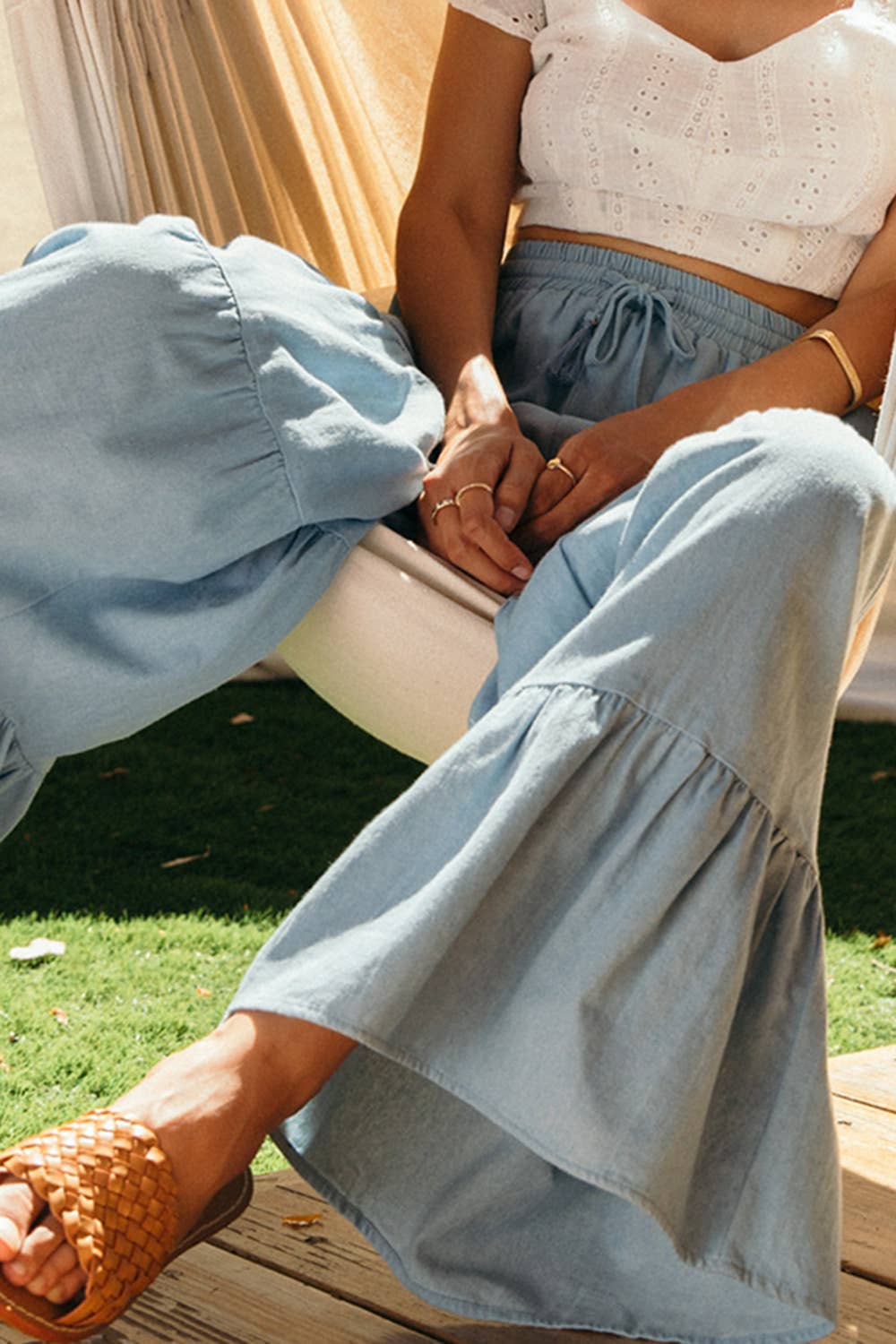 Drawstring Waist Chambray Tiered Wide Pants