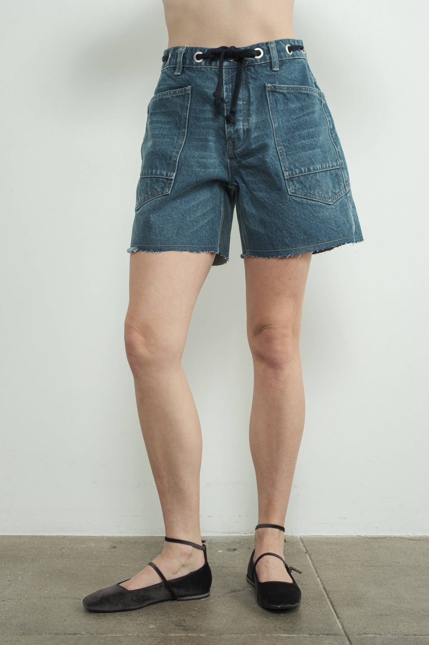 Vintage Washed Denim Shorts w/ Grommet Waist
