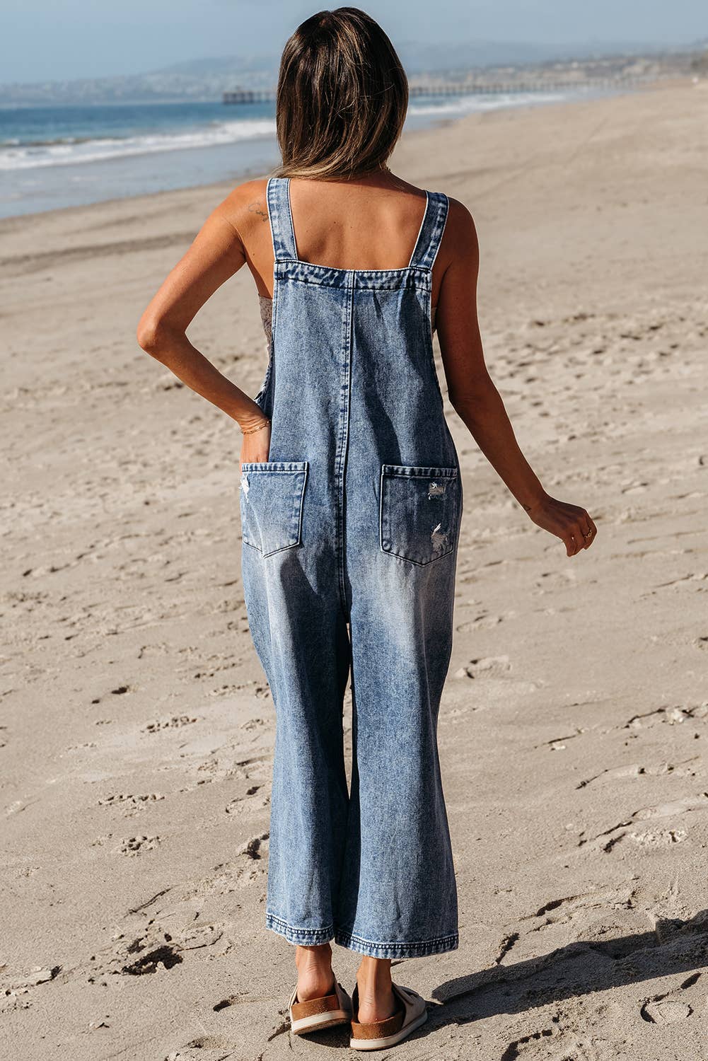 Distressed Capri Denim Overalls