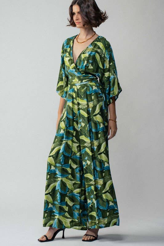 Leaf Print Kimono Sleeve Belted Maxi Jumpsuit