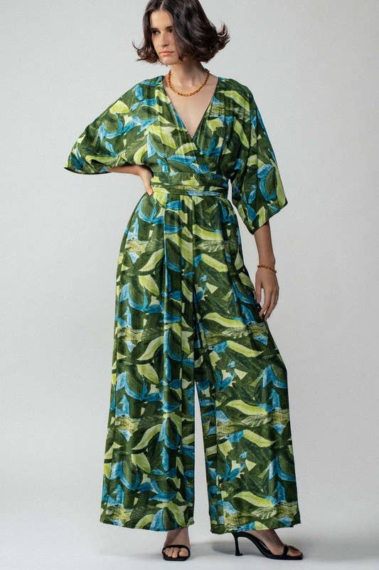 Leaf Print Kimono Sleeve Belted Maxi Jumpsuit