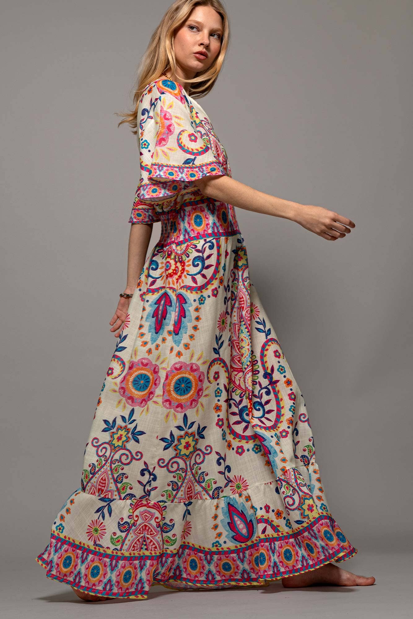 Oversized Paisley Flutter Sleeve Smocked Dress