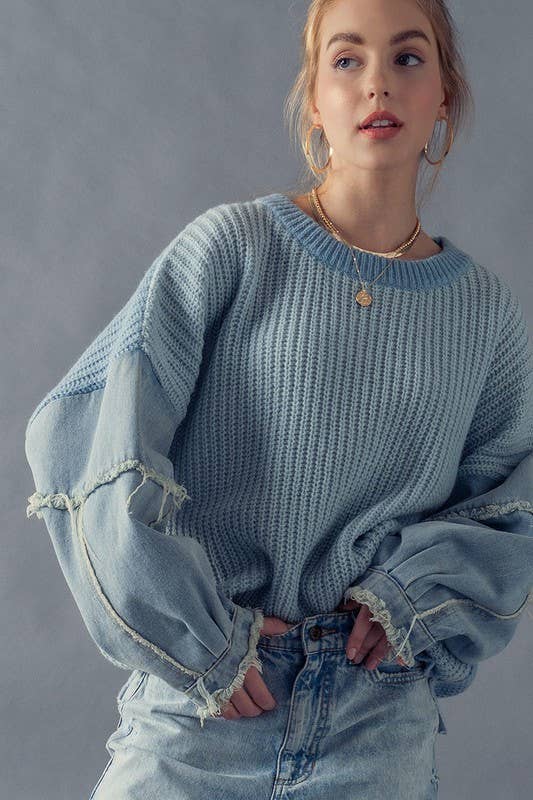 Denim Sleeve Knit Sweater