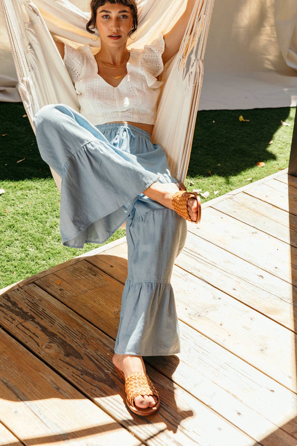 Drawstring Waist Chambray Tiered Wide Pants