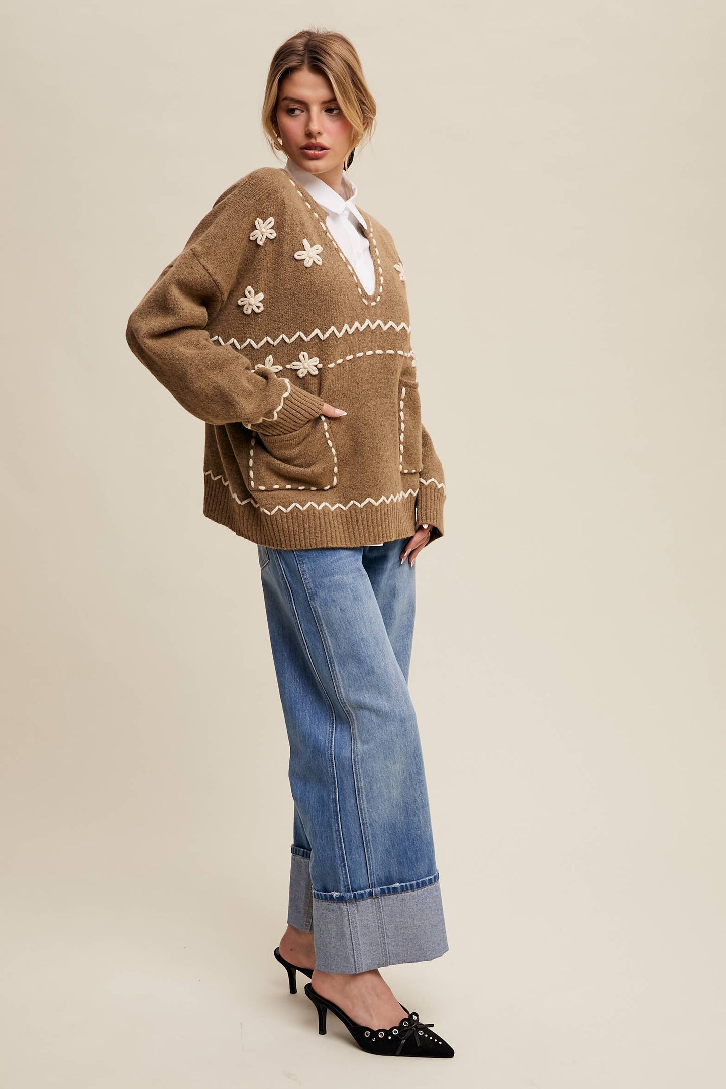 Floral Embroidered Knit Sweater