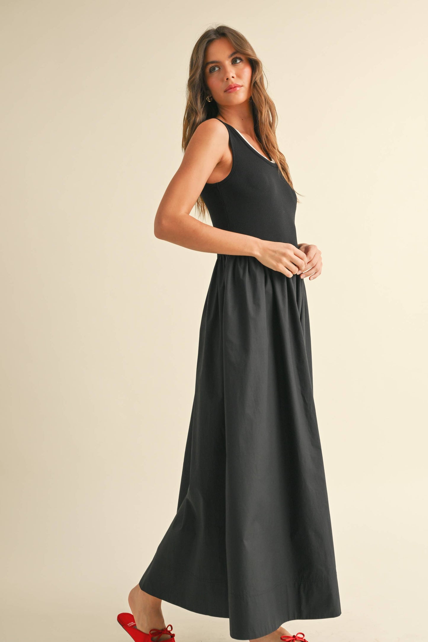 Ribbed Top Woven Skirt Dress