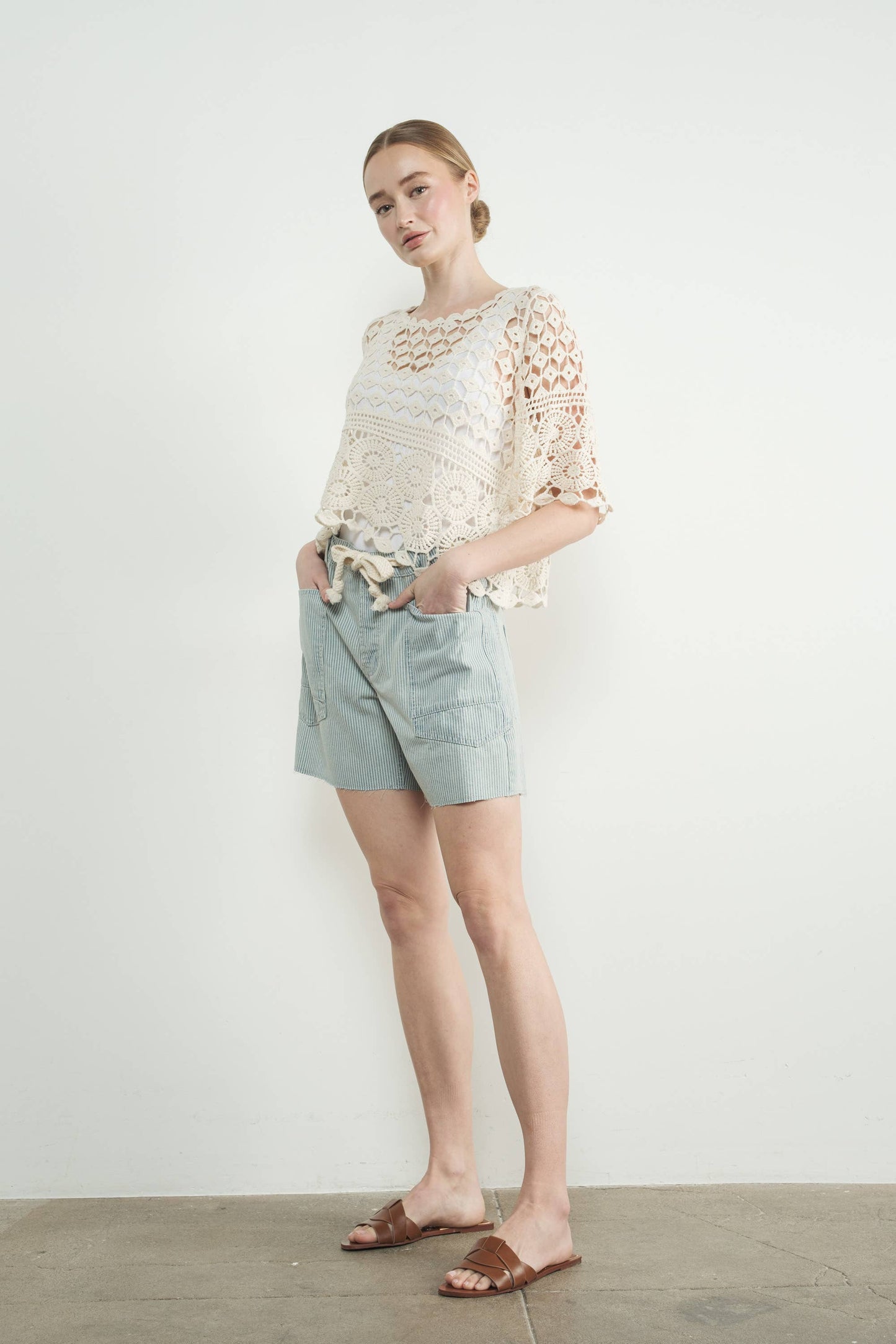 Vintage Washed Denim Shorts w/ Grommet Waist