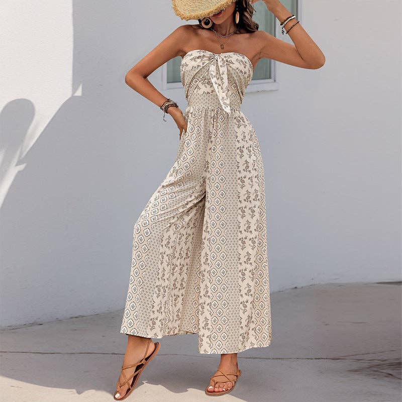 Smocked Tube Top Flare Trousers Jumpsuit